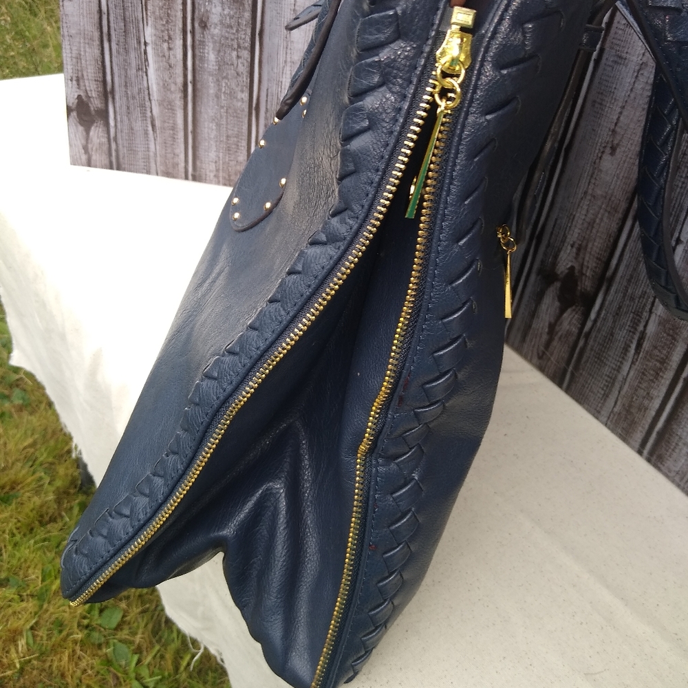 Leather Messenger Tote Bag Expandable Convertible Bag Navy Blue - Picture 8 of 16